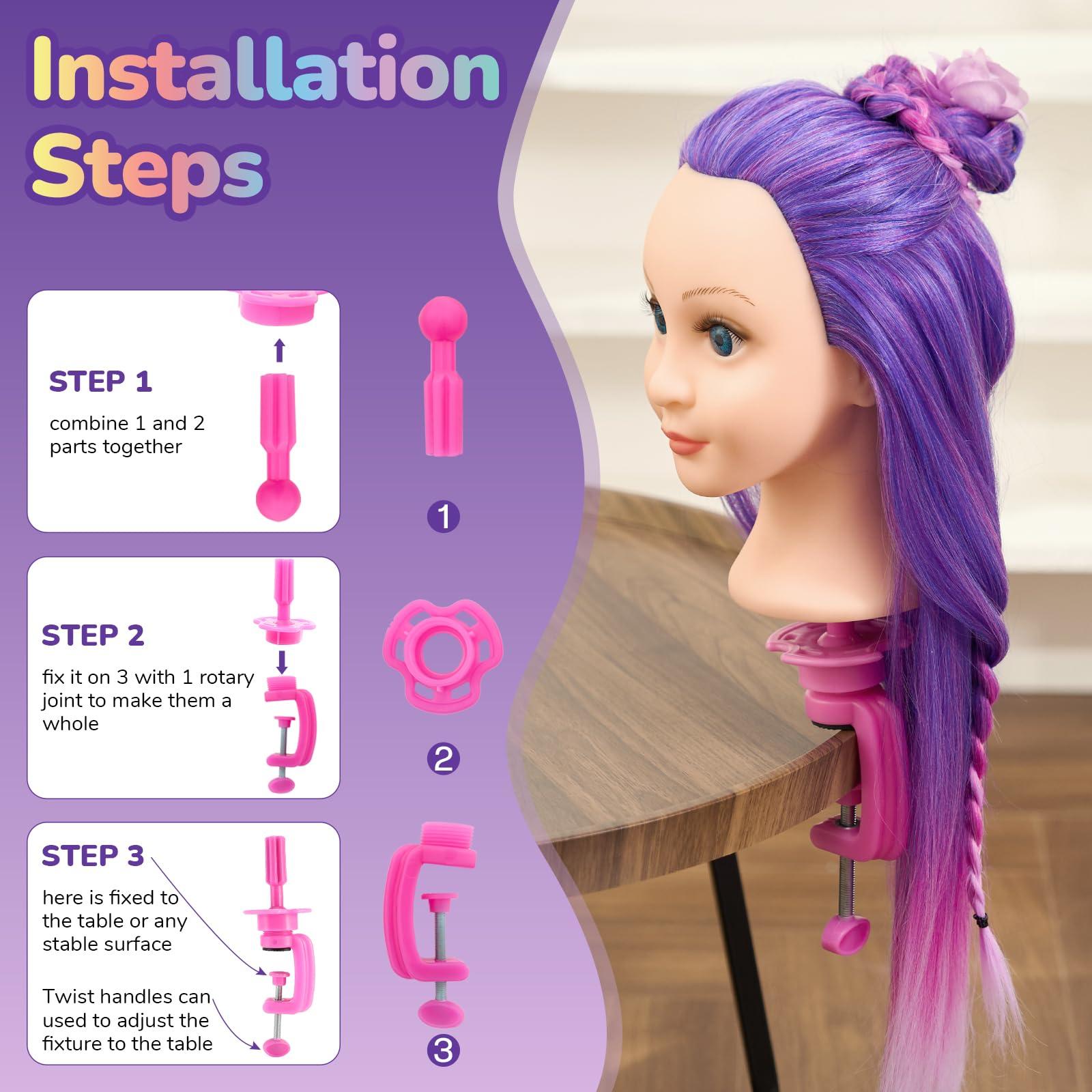 BettySmile 24Inch Doll Head for Hair Styling,Doll Mannequin Head with Hair Purple,Doll Styling Head For Braiding with Hair Styling Set,Table Clamp