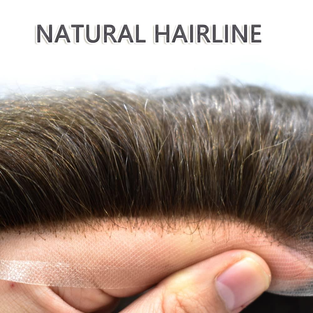 SINGA HAIR Mens Toupee Hair Replacement System for Men All French Lace Mens Hairpiece Soft Lace and Breathable Full Lace Hair Unit Human Hair Toupee For Men 8\"X10\"#3 Dark Brown-120% Density