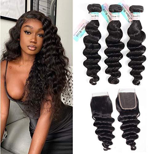 Shao R hair Loose Deep Wave Bundles with Closure 100% Unprocessed Virgin Human Hair Loose Wave Bundles with Closure Brazilian Curly Bundles with Closure Human Hair 18”20”22” with 16” Closure Natural Color