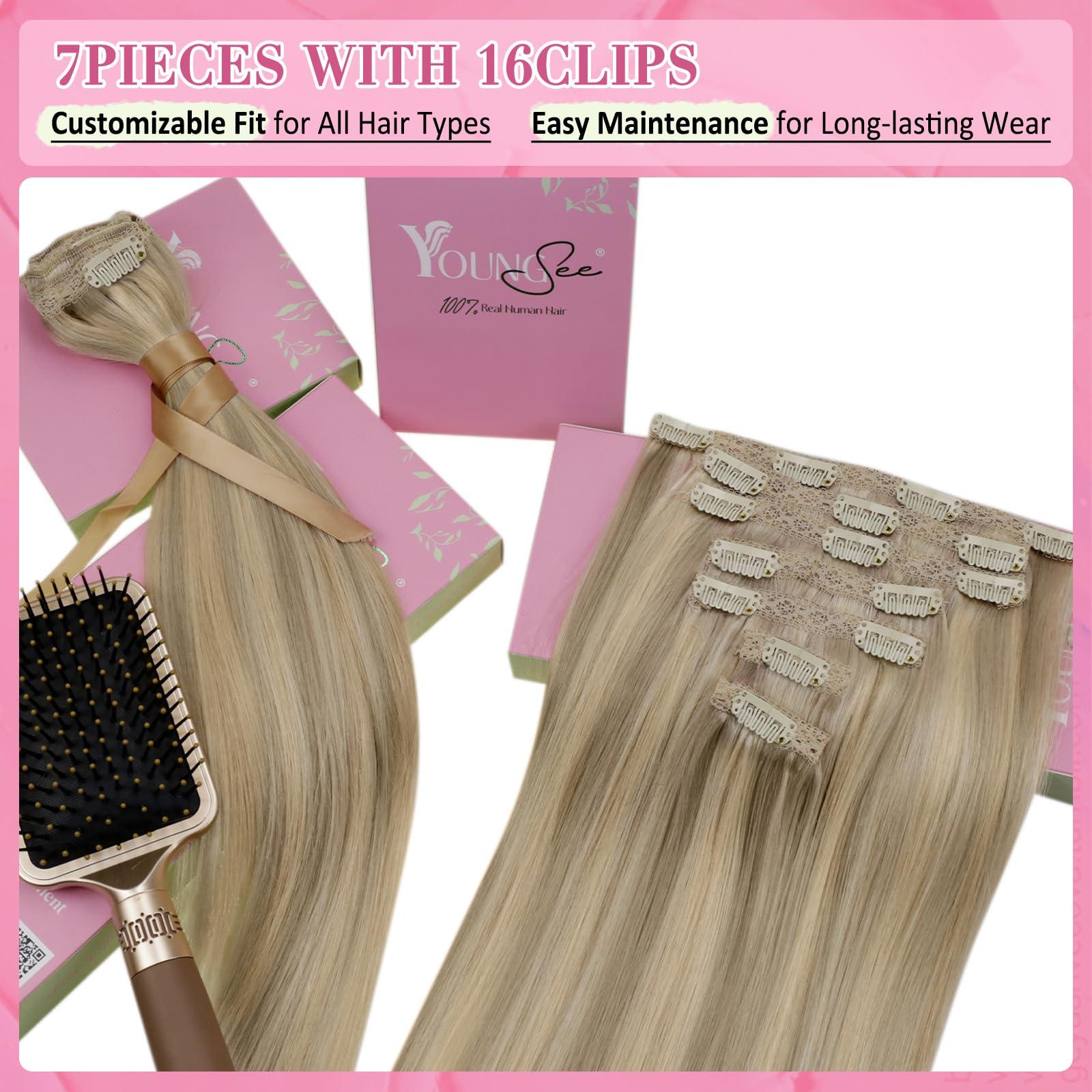 YoungSee YoungSee Clip in Hair Extensions Real Human Hair Highlight Clip on Hair Extensions Light Blonde Highlighted Golden Blonde Real Hair Clip in Extensions Convenient for Women 22Inch 120G 7Pcs