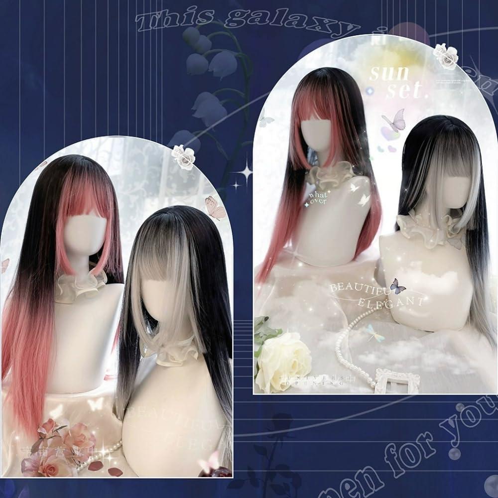 SCORRO SCORRO Hime Cut Split Dye Wig Long Straight Wig with Highlight Bangs, Black Gradient Red Wig, Pink and Black, Purple Black, Gothic Style Y2k Party Wig Lolita Daily Wigs (Pink and black)