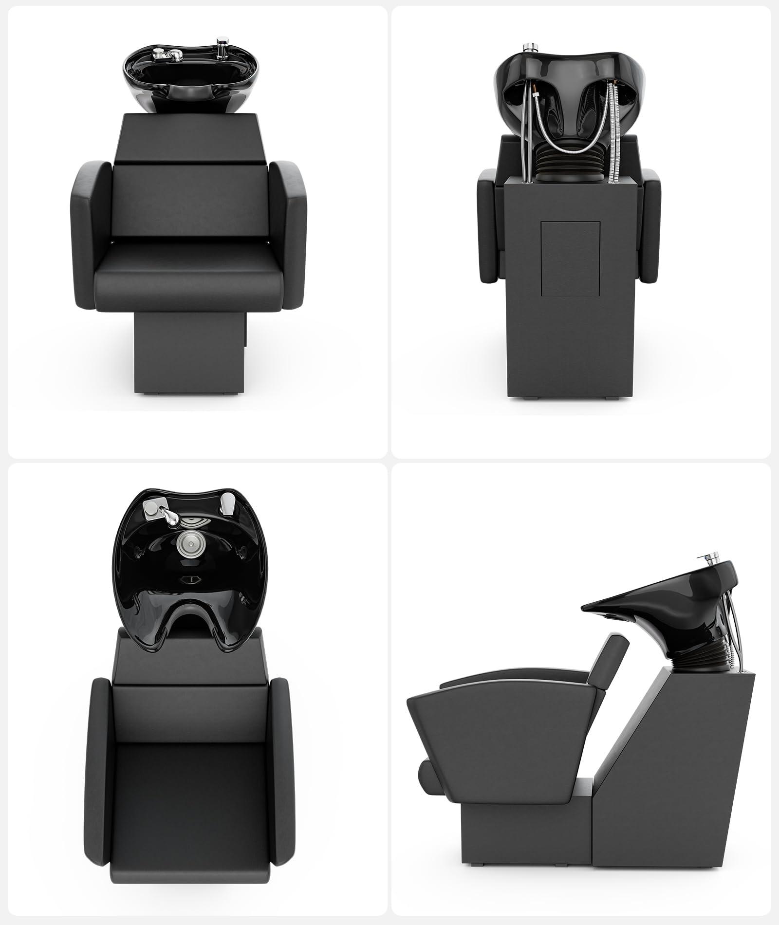 Icoget Icoget Shampoo Bowl and Chair Set for Salon, Deep Porcelain Tilting Salon Sinks for Hair Stylist, Backwash Shampoo Stations for Barber,Home, Black