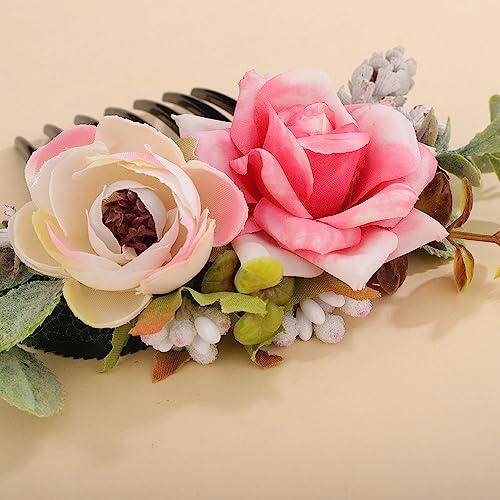 Teyglen Teyglen Bridal Flower Hair Comb Floral Artificial Flower Side Comb Bridal Hair Clip Pieces Headpiece Wedding Hair Accessories for Women Bride Photo Shoot Prom Party Festival (Style 1)