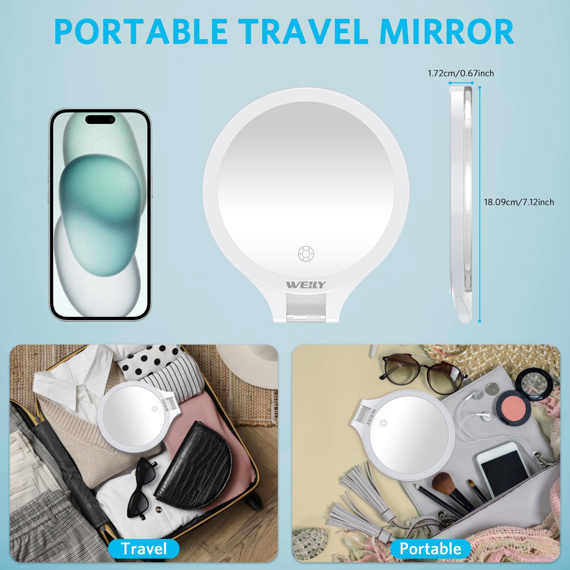 WEILY WEILY Magnifying Mirror with Light, 10X/1X Magnification Double-Sided Travel Makeup Mirror, with 3 Color Lights, Touch Control, Rechargeable Portable Mirror for Bedroom, Bathroom (White)