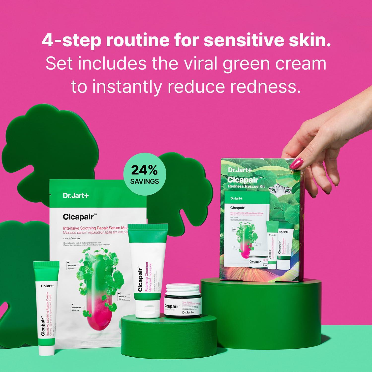 Dr.Jart+ Dr.Jart+ Cicapair Redness Rescue Korean Skin Care Set, Travel Size Value Gift Set with Cicapair Color Correcting Cream, Face Wash, Cream Moisturizer, and Face Mask