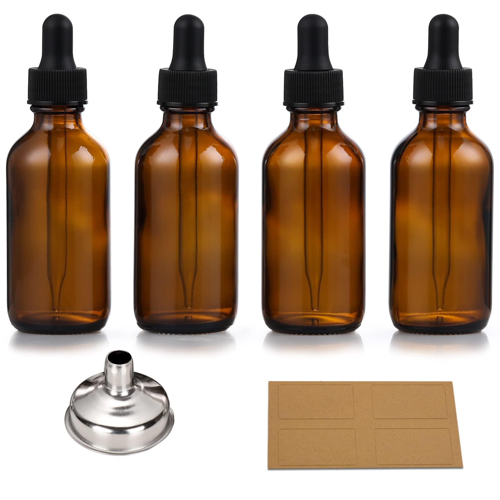 AOZITA AOZITA Set of 4, 1 oz Eye Dropper Bottles with 1 Stainless Steel Funnels & 4 Labels - 30ml Thick Dark Amber Glass Tincture Bottles - Leakproof Essential Oils Bottle for Storage and Travel