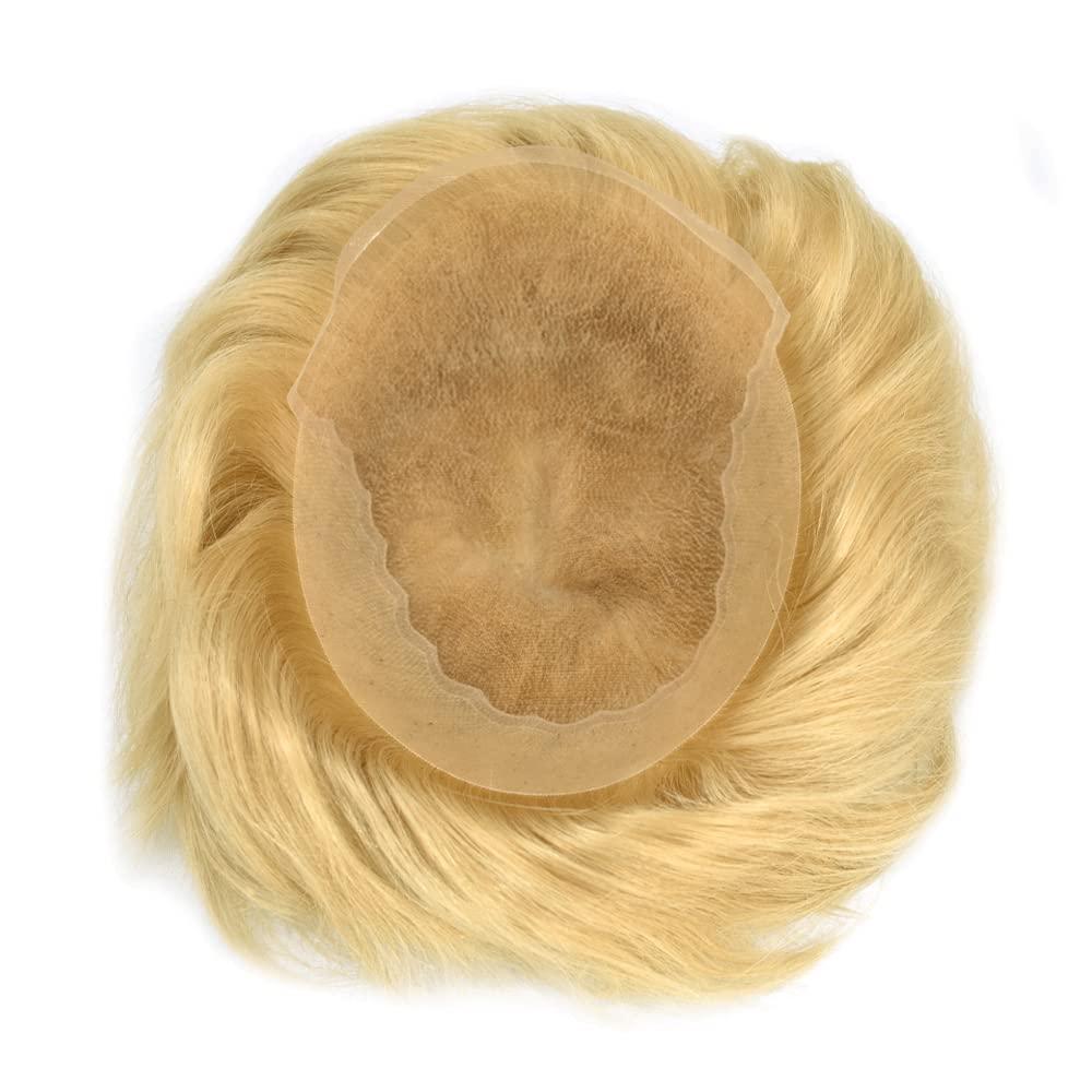SINGA HAIR Mens Toupee Hairpieces Human Hair System for Men Hair Piece Replacement Natural Lace Front Mens Hair Unit Poly Thin Skin Toupee for Men Wigs 7''X9'' #22R 100% Light to Med-Light Density