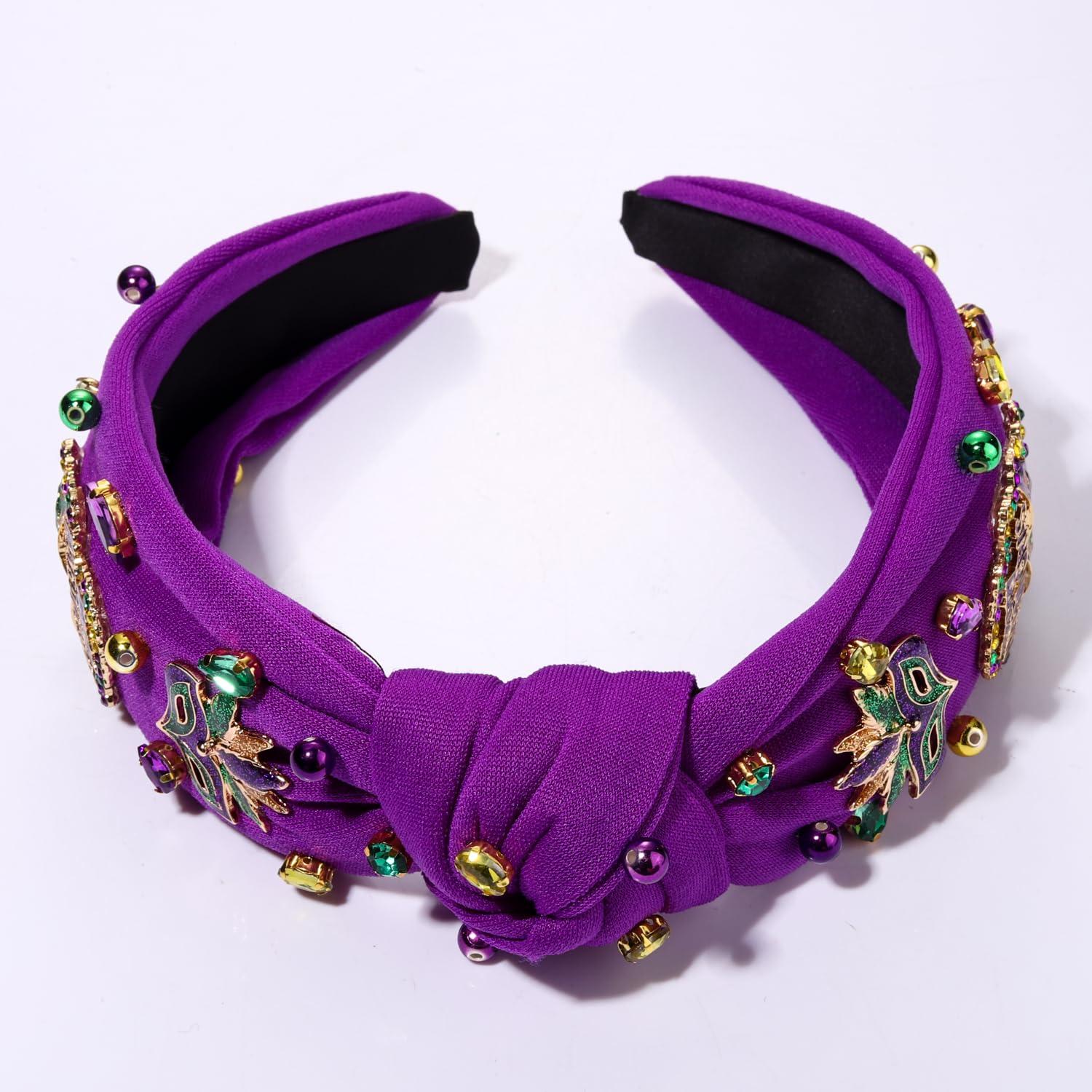 CEALXHENY CEALXHENY Mardi Gras Headband for Women Fleur De Lis Crown Mask Headband Purple Jeweled Rhinestone Pearl Top Knot Headband Carnival Mardi Gras Accessories Parade Party Favors Gifts (Mixed 2 - Purple)