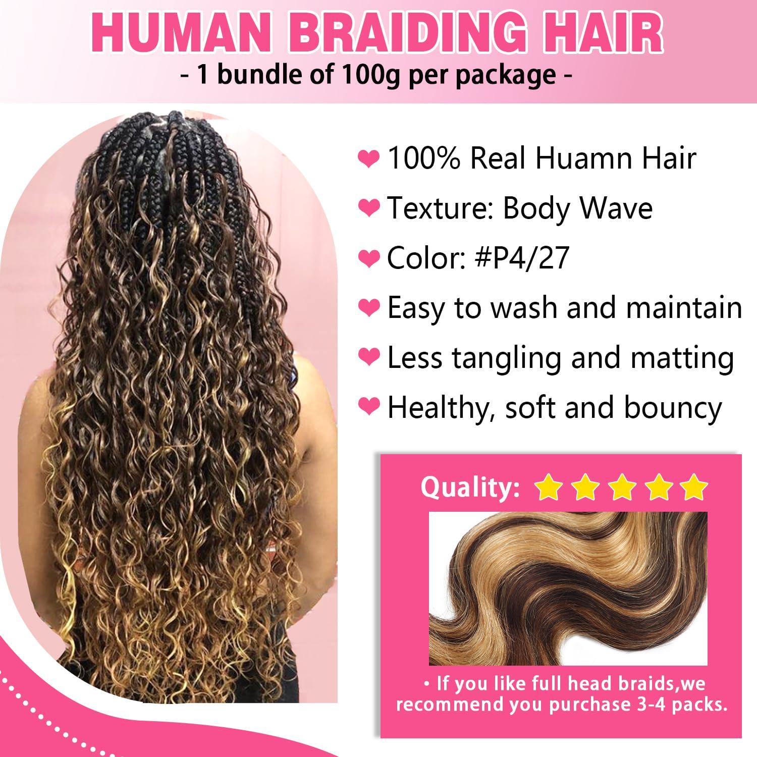 Liqusee Liqusee Body Wave Curly 4/27 Human Braiding Hair 100g One Bundle/Pack Bulk Human Hair for Braiding No Weft Human Hair Braiding Hair for Boho Braids (16 inch, Body Wave 4/27)