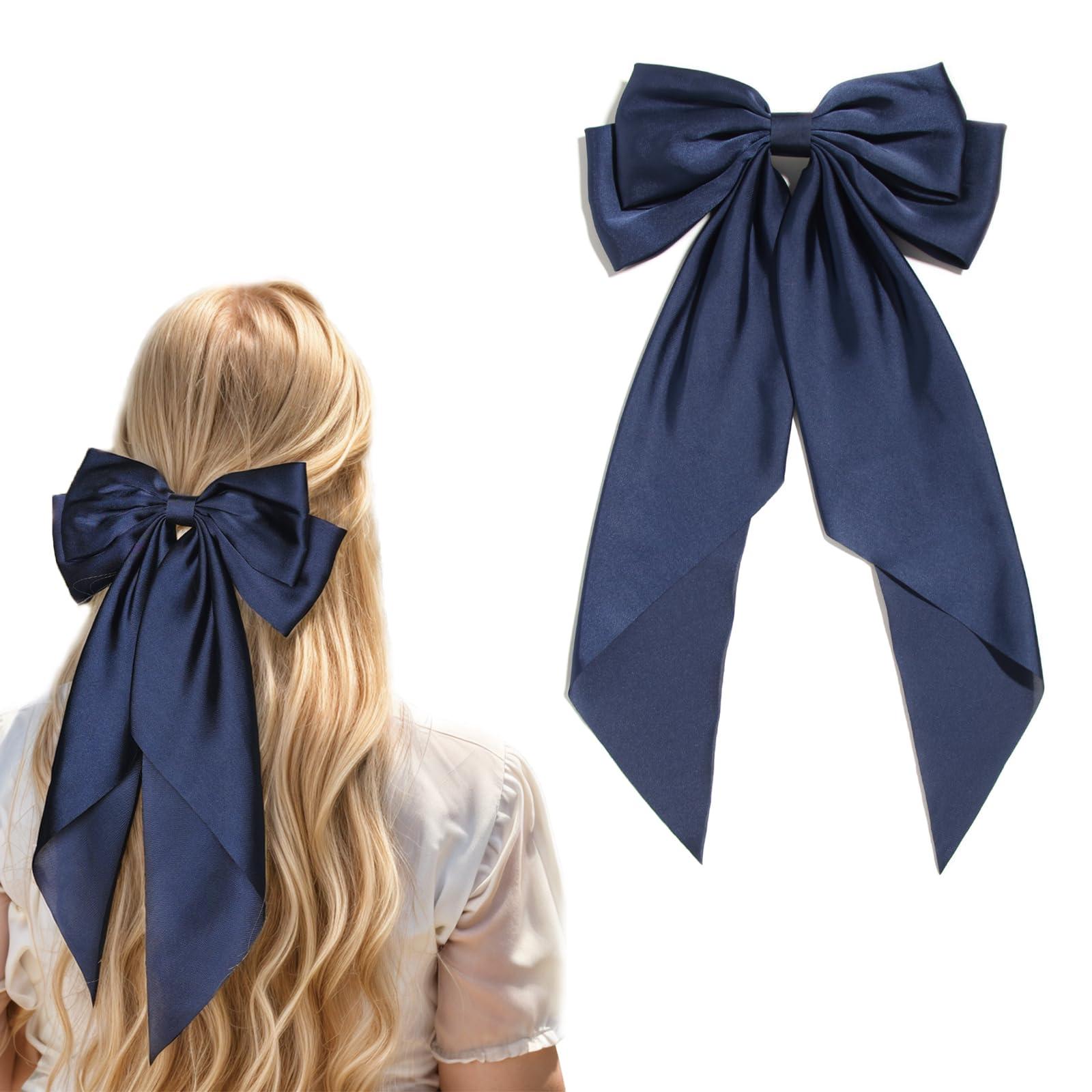 LFOUVRE LFOUVRE 1pc Navy Hair Bows for Women and 10pcs Navy Velvet Hair Ties