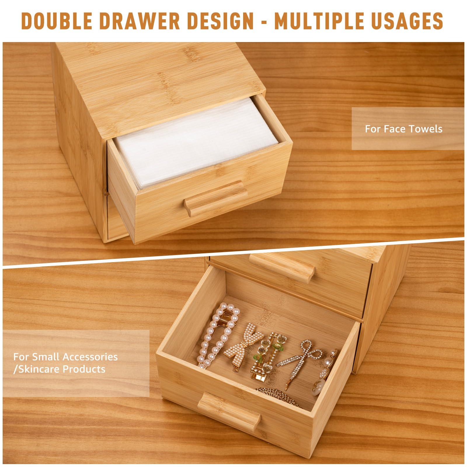 Chokoter Bamboo Box with Makeup Remover Wipes, 50 PCS XL Disposable Face Towels, Wash Cloths for Your Face and Body, Double-drawer Bamboo Container for Face Towelettes (Bamboo Container, 50 Face Cloths)