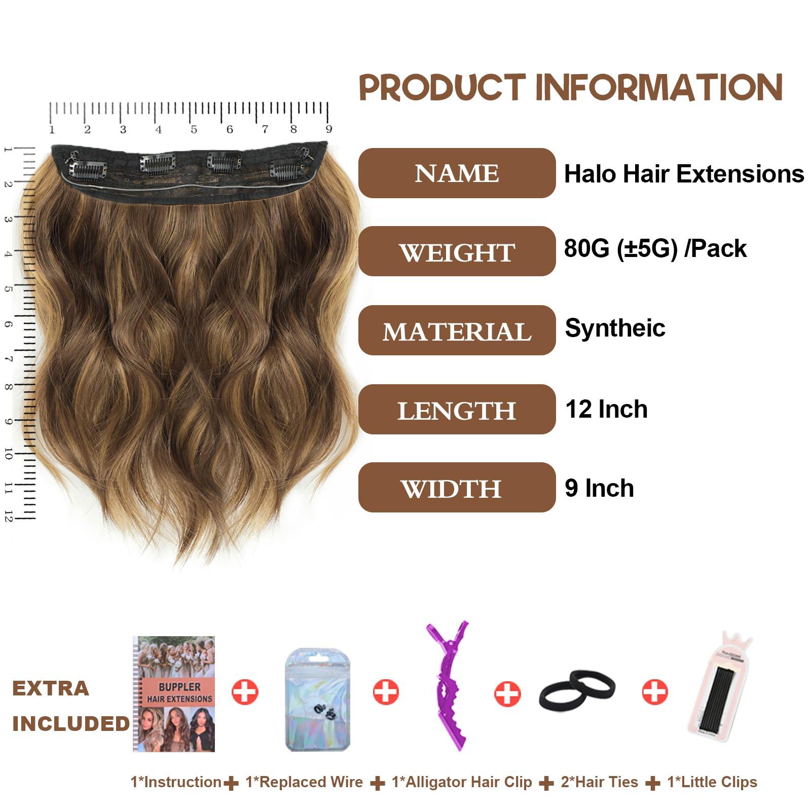 BUPPLER BUPPLER Halo Hair Extensions 12 Inch Invisible Wire Hair Extensions Adjustable Long Wavy Hair Extensions Synthetic Upgrade 4 Secure Clips in Hairpieces 12 Inch, Medium Brown Mixed Golden Brown
