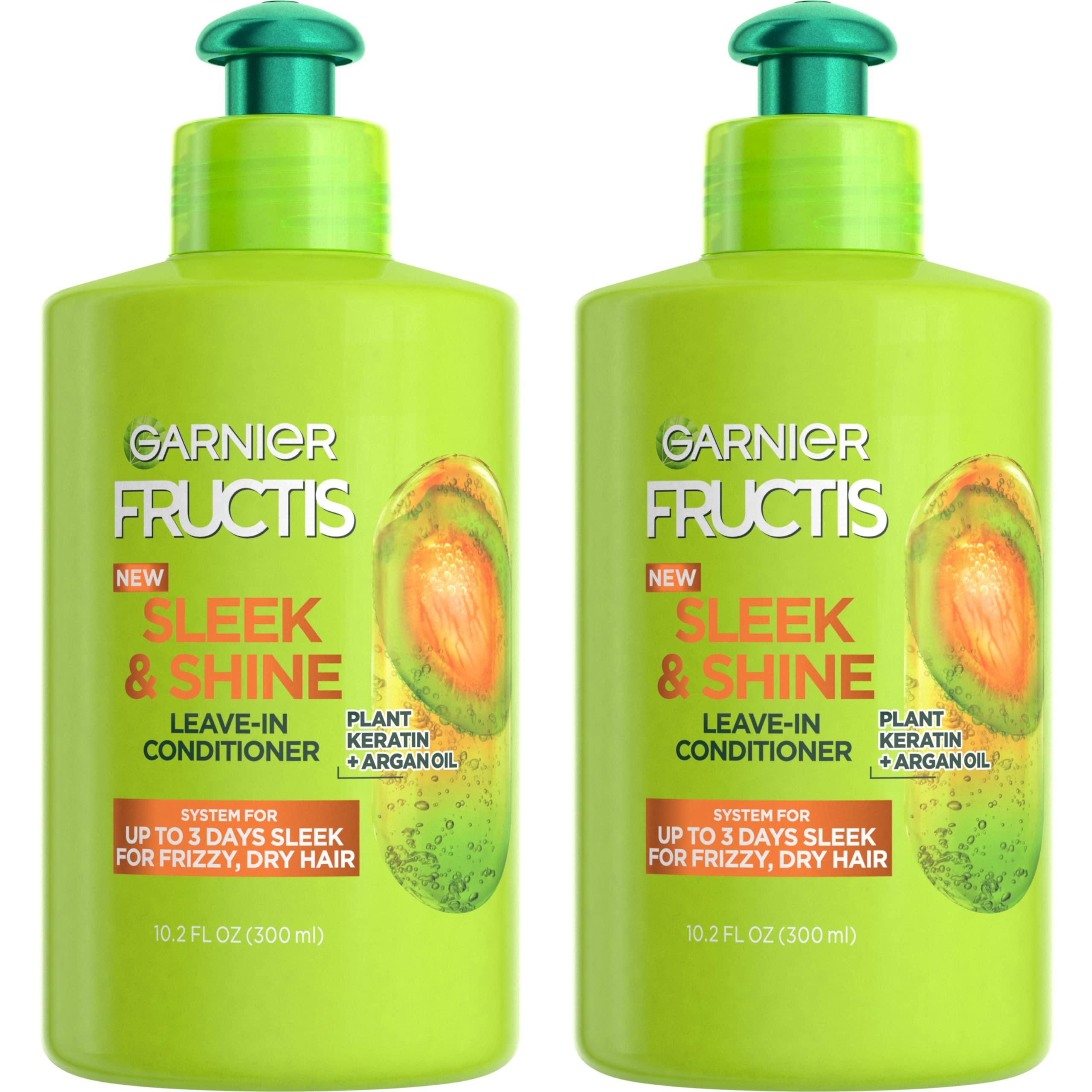 Garnier Garnier Fructis Sleek & Shine Leave-In Conditioning Cream for Frizzy, Dry Hair, Plant Keratin + Argan Oil, 10.2 Fl Oz, 2 Count (Packaging May Vary)