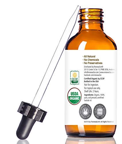 Renewalize Renewalize Certified Organic Baobab Oil | 100 Percent Pure Cold Pressed and Unrefined | All Natural Skin Nails and Hair Moisturizer | 4 fl oz