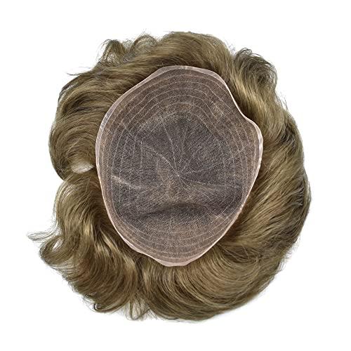 JUST HAIR Toupee for Men Human Hair Replacement Systems Full French Lace Mens Toupee Hairpieces Bleached Knots Swiss lace Hair Systems for Men All Lace Male Wig Unit(8X10\"-120% density#610 Light Brown with 10% Gray )
