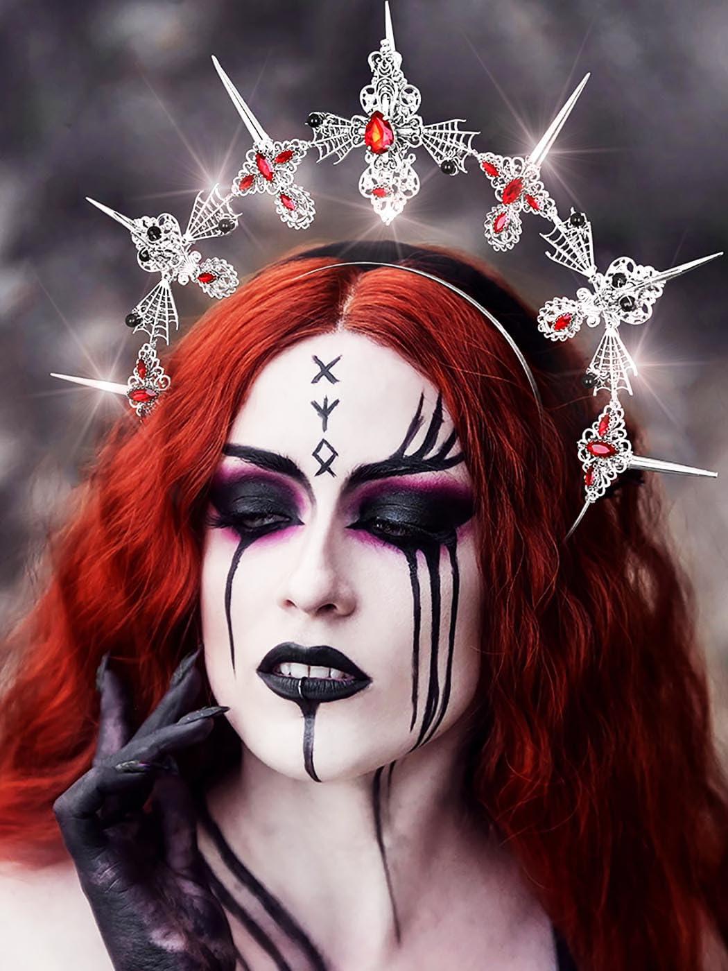 Formery Formery Spiked Halo Crown Silver Rhinestones Spider Halo Headpiece Halloween Festival Photo-shoot Crow Cross Halo Headband for Women and Girls