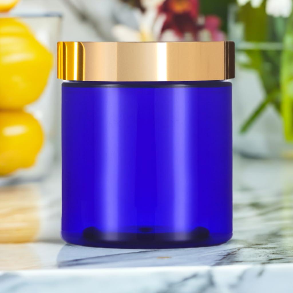 JUVITUS 16 oz Cobalt Blue PET Plastic Jar with Gold Metal Overshell Lid (6 Pack)