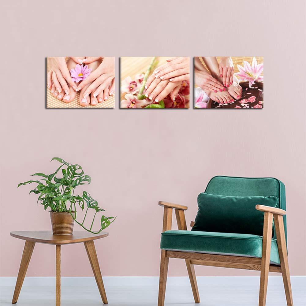 iKNOW FOTO iKNOW FOTO Canvas Set of 3 Wall Art Manicure Painting Hands Foot Bath Massage Spa Still Life with Flowers Pictures Nails Beauty Salon Posters Printed Giclee Print Gallery Wrap for Walls