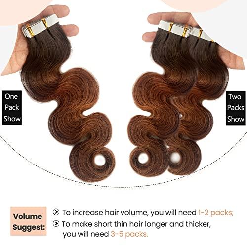 Licoville 24 Inch Ombre Tape in Hair Extensions Human Hair Body Wave Ombre Brown Tape in Extensions 50grams 20pcs Double Sided Medium Brown to Medium Auburn Wavy Real Human Hair Extensions Tape ins