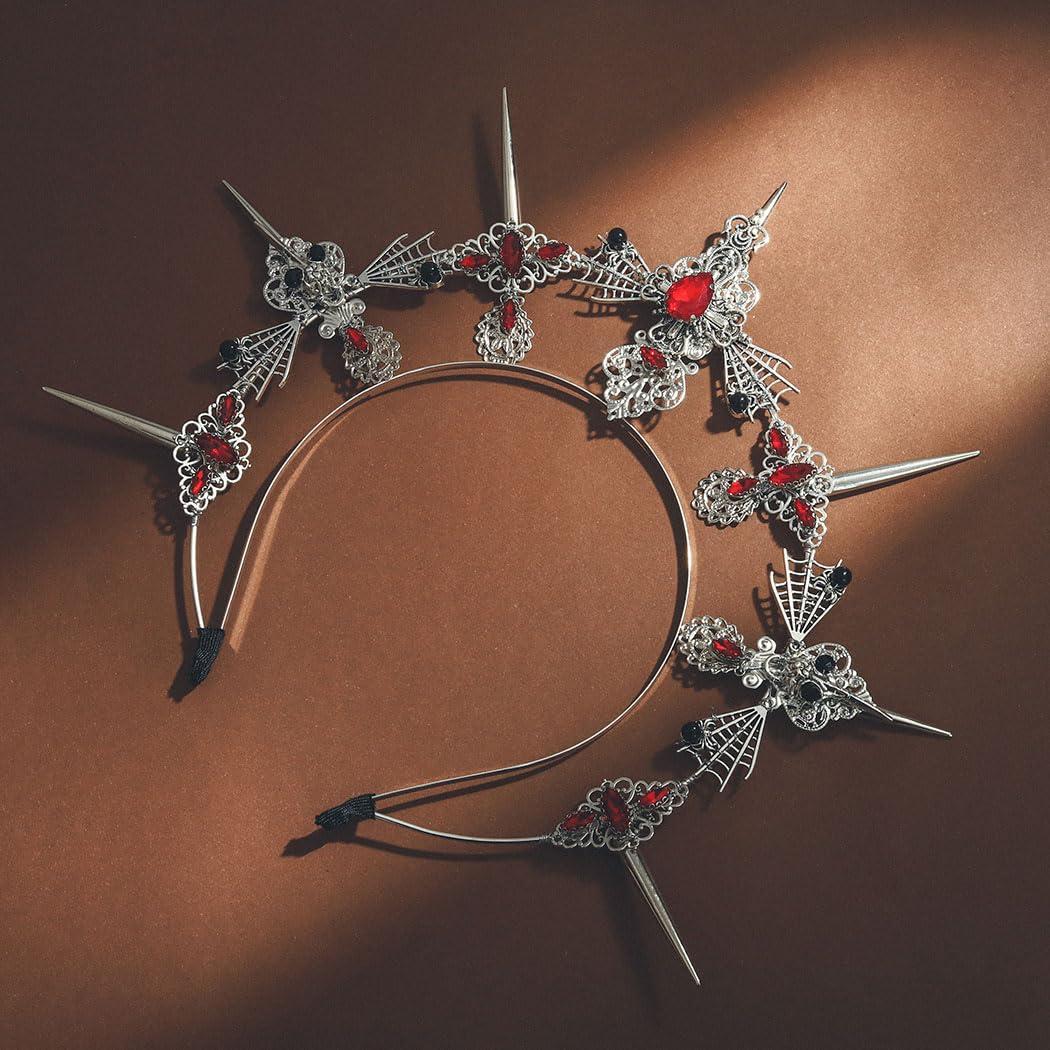 Formery Formery Spiked Halo Crown Silver Rhinestones Spider Halo Headpiece Halloween Festival Photo-shoot Crow Cross Halo Headband for Women and Girls