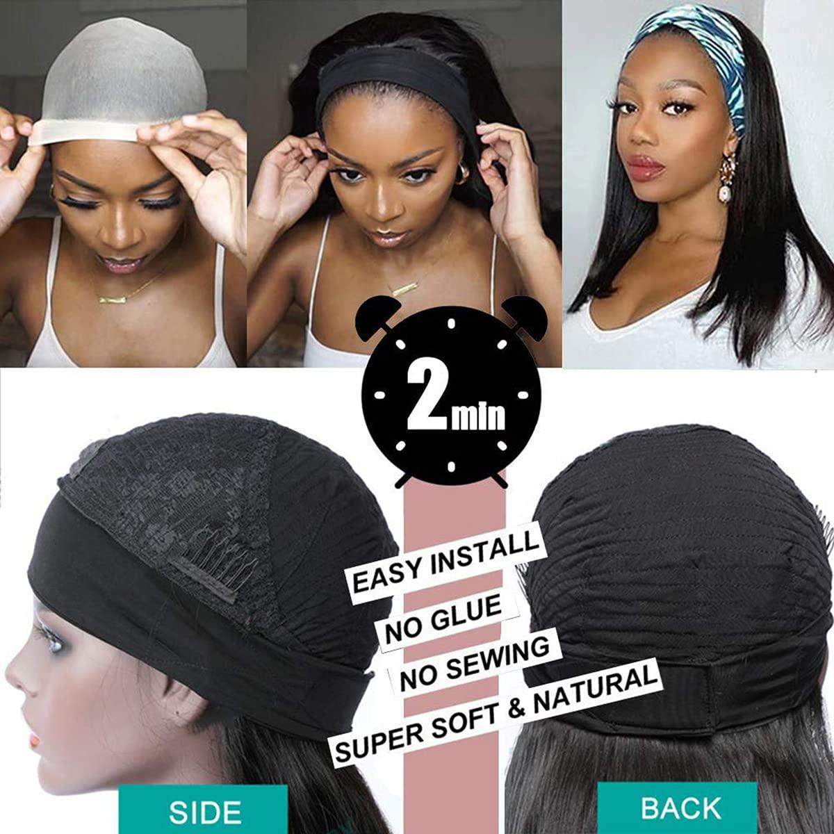 Ubetta Human Hair Headband Bob Wig Natural Black Short Bob Headband Wig for Black Women, Straight Human Hair Bob Wig with Headband Attached Headband Wig 180% Density 10 Inch Glueless None Lace Front Bob Wig