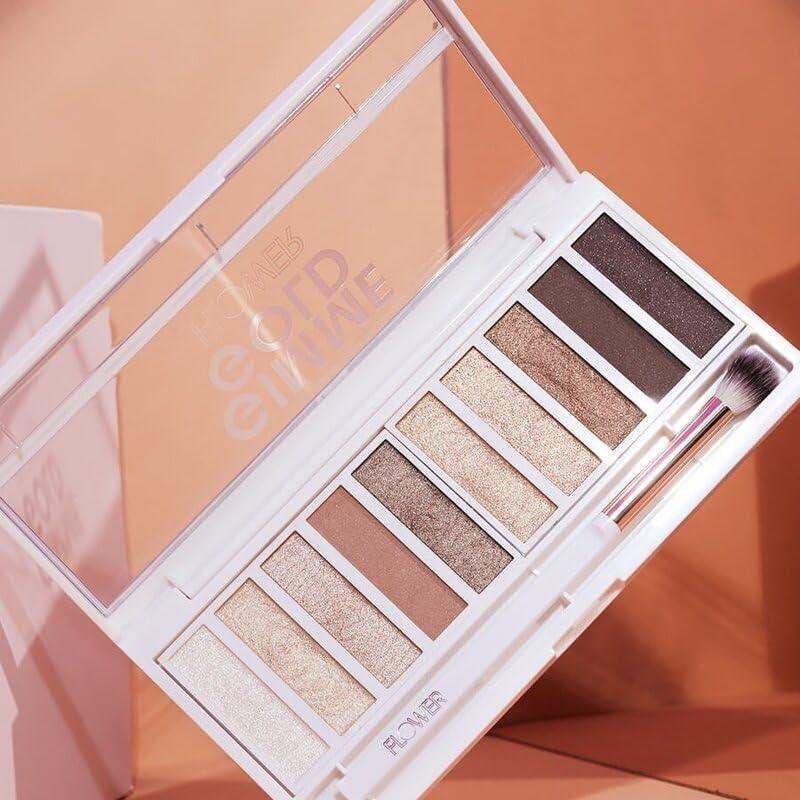 FLOWER BEAUTY FLOWER BEAUTY By Drew Barrymore Shimmer + Shade Eyeshadow Palette - Neutral Colors + Ten Shades - Mix + Layers Shades - Easily Blendable + Rich Color Payoff - Brush Included (Sun\'s Blazing)