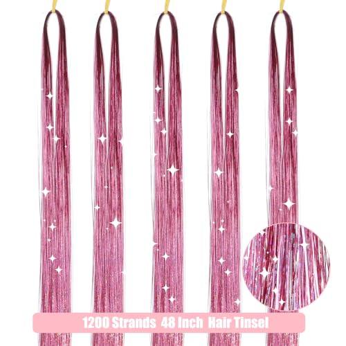AIFIHIYI AIFIHIYI Hair Tinsel Kit with Tools 48 Inch 1200 Strands Pink Tinsel Hair Extensions Fairy Hair Tinsel Kit Heat Resistant Glitter Hair Extensions Tensile Hair Accessories for Girls Women (Pink)