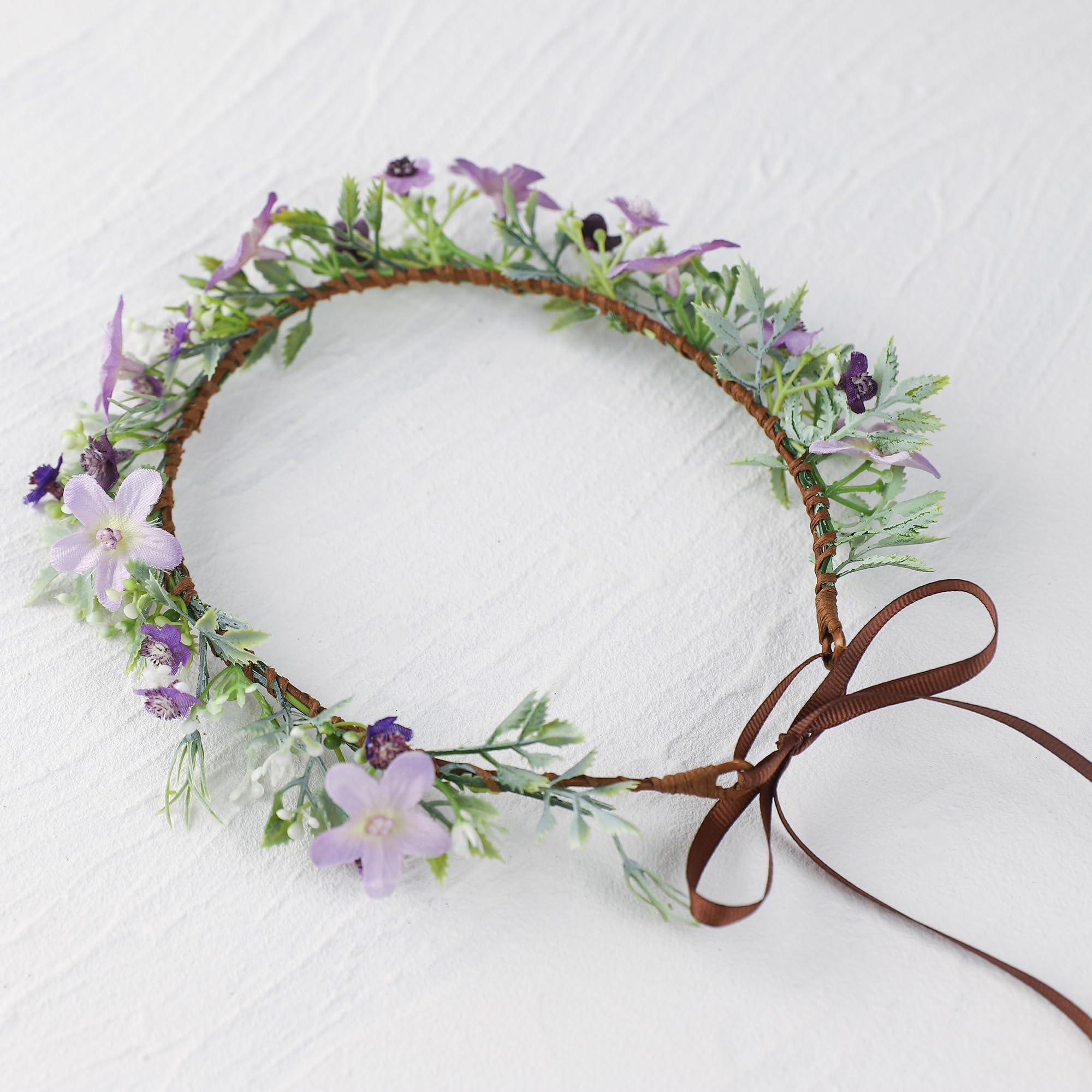 KorViSHOW KorViSHOW Handmade Purple Flower Crown Floral Headband for Bridal Weeding Elf Wreath Women Girls Headdress Fairy Green Leaf Headpiece Cosplay Photo Prop