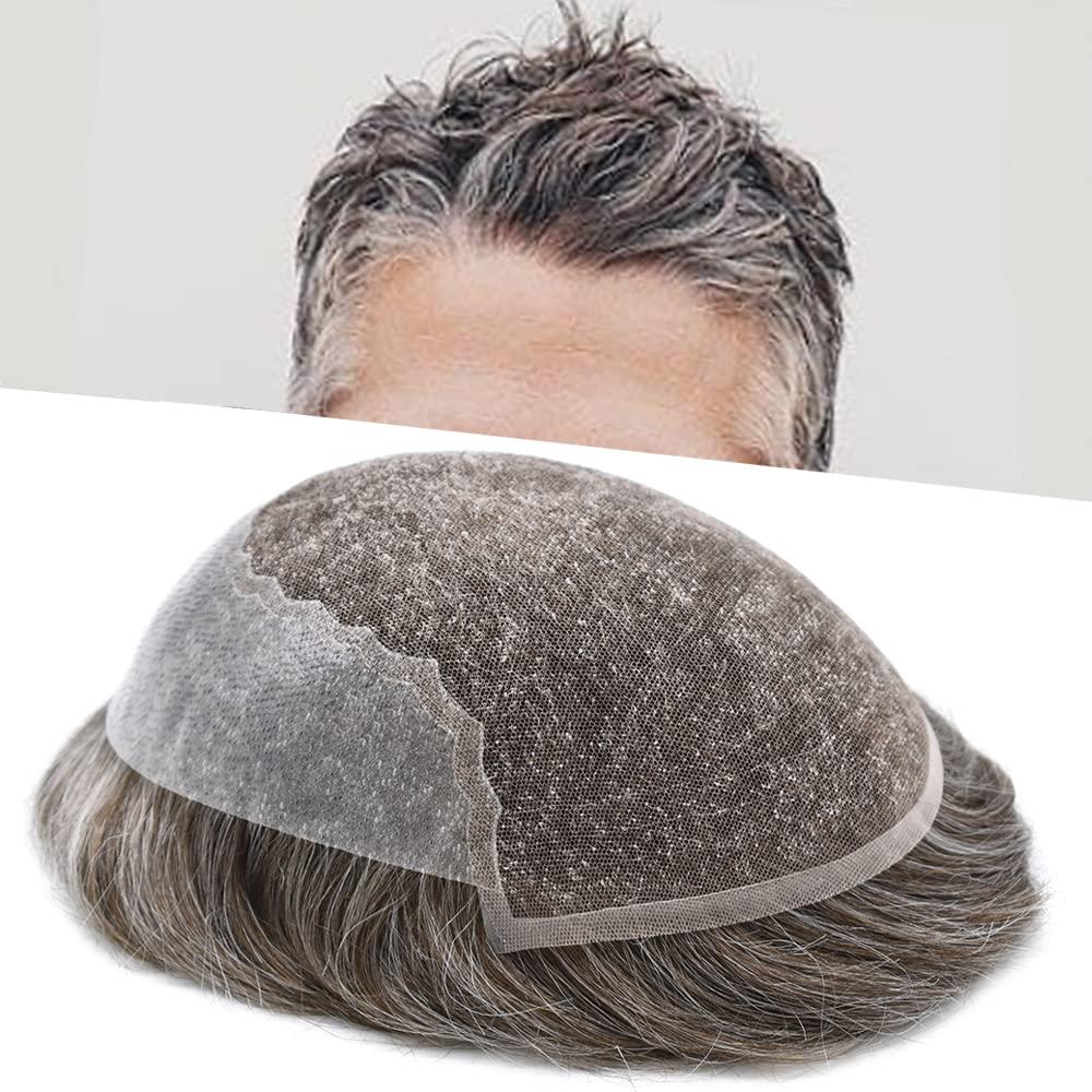 LHC NY Men Hair System Toupee for Men Hairpiece Mens Toupee French Lace Front Human Hair Replacement Hair Prosthesis 8X10\"-120% density#550 Medium Light Brown with 50% Gray