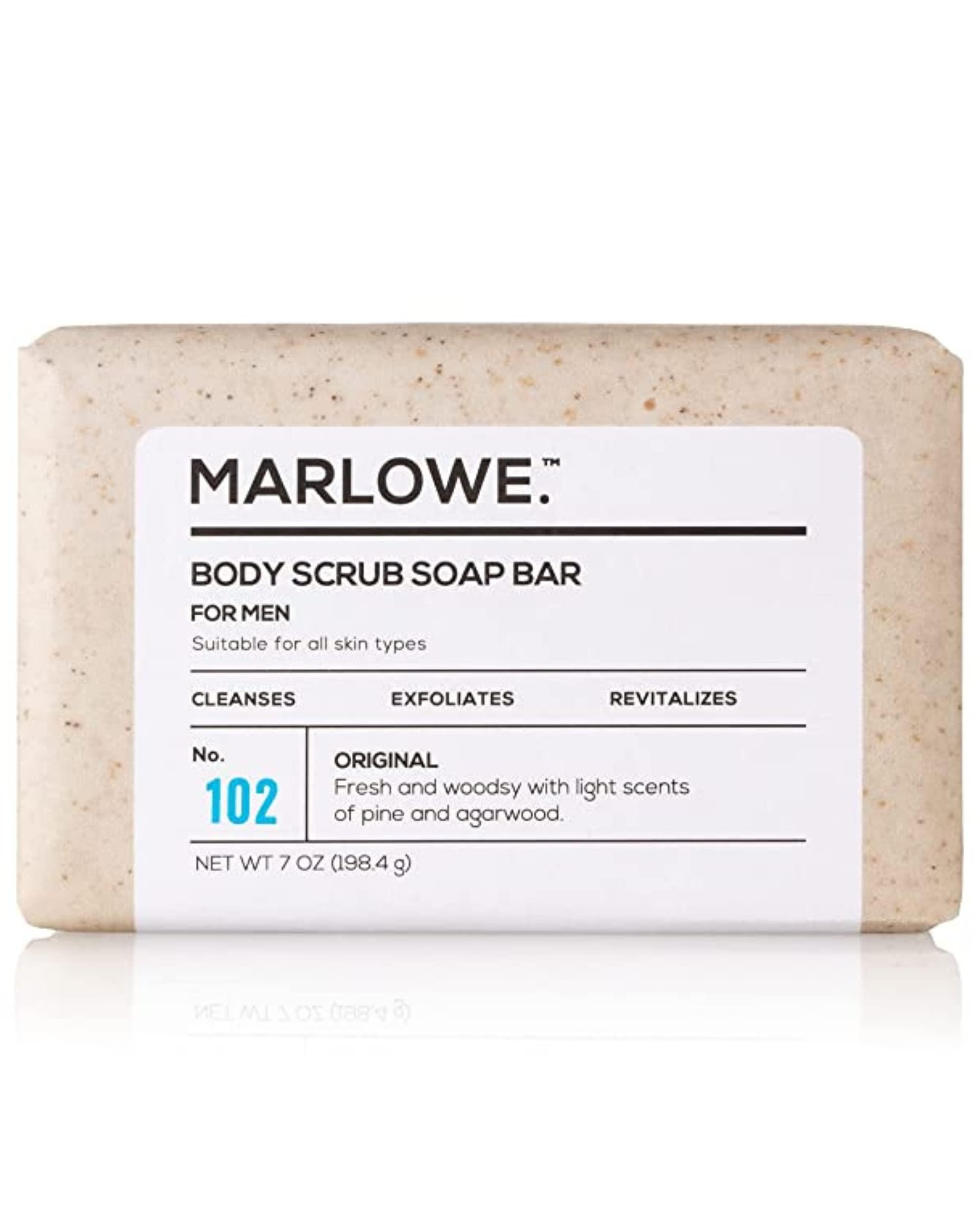 MARLOWE. M BLEND MARLOWE. No. 102 Men\'s Body Scrub Soap 7 oz, Fresh Original Woodsy Scent, Best Exfoliating Bar for Men, Made with Natural Ingredients, Apricot Seed Powder, Shea Butter, Olive Oil, Green Tea Extracts