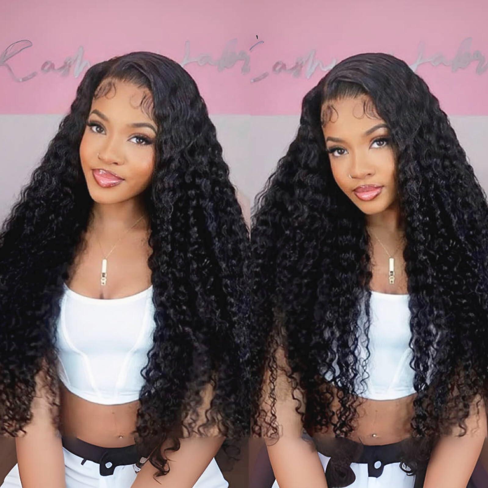 tsiyu tsiyu 26 Inch 13x6 Full Lace Front Wigs Human Hair Pre Plucked Deep Wave 180 Density HD Lace Frontal Wig With Baby Hair Transparent Glueless Deep Curly Human Hair Wigs for Women