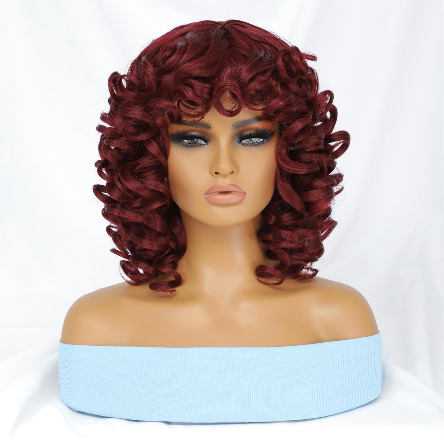 Felek Felek Short Curly Afro Wigs with Bangs for Black Women Short Burgundy Afro Big Curly Wigs for Women Synthetic Heat Resistant Cute Bouncy Loose Curly Wigs for Black Women 250g (14 Inch, BUG)
