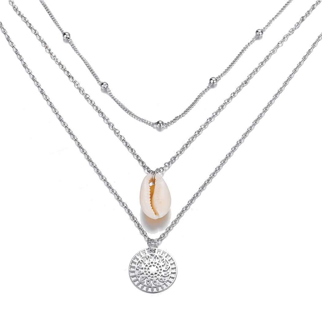 Blufly Blufly Layered Coin Pendant Necklace Silver Shell Necklaces Beads Necklace Chain Boho Jewelry for Women