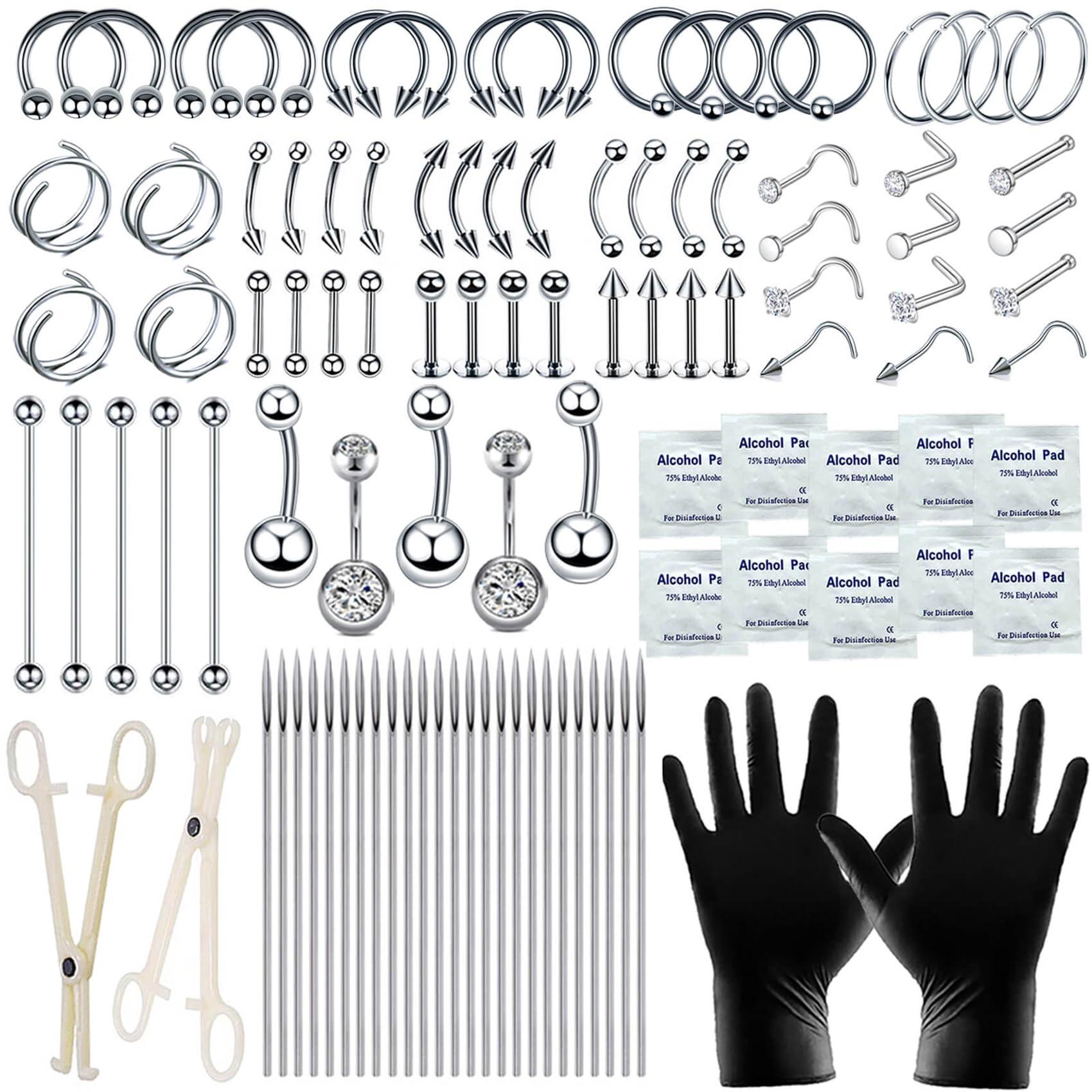 Tustrion 103PCS Piercing Kit for all Body Piercings Stainless Steel Piercing Jewelry with 12G 14G 16G 20G Piercing Needles and Tools for Nose Septum Belly Button Lip Ear Tongue Cartilage Eyebrow Tragus
