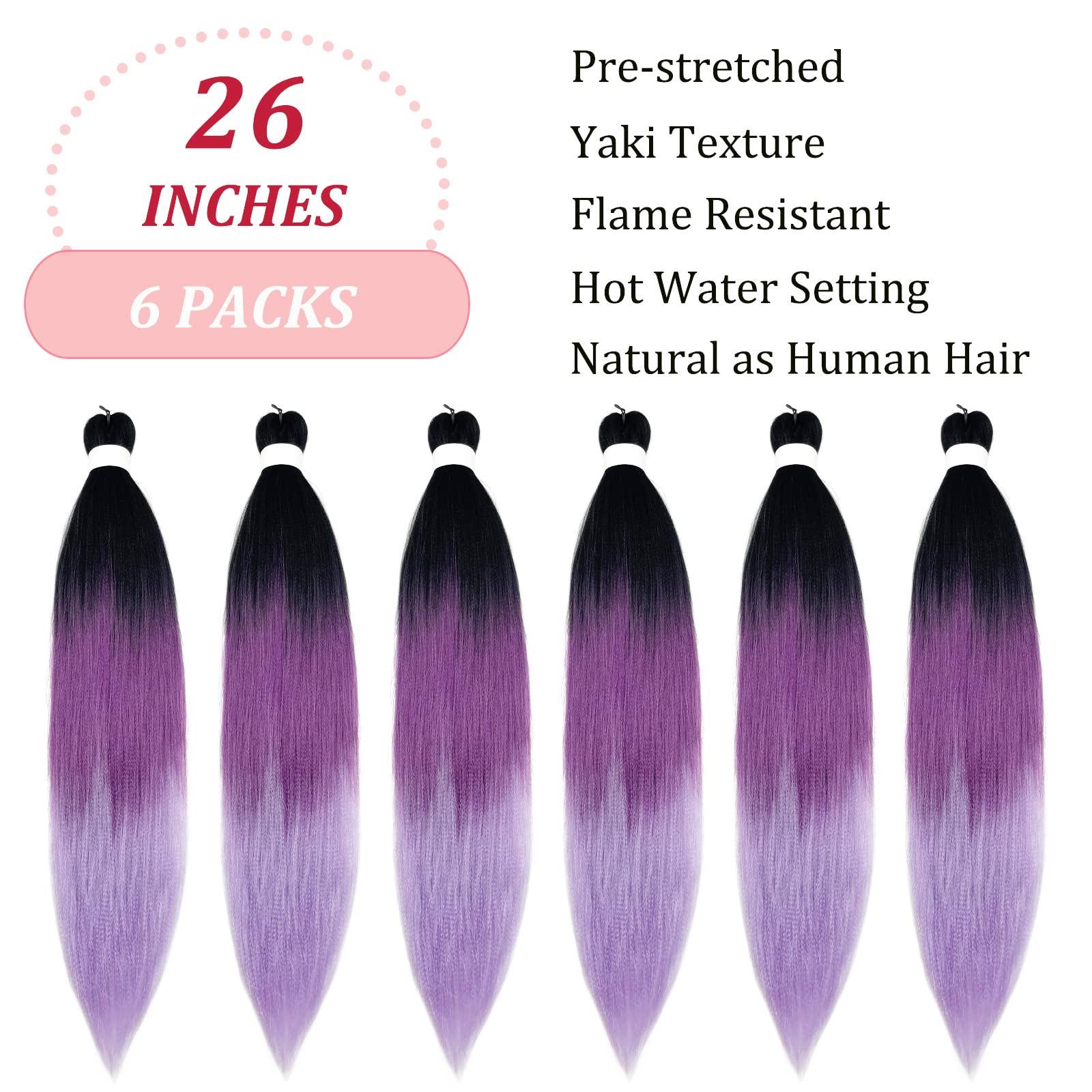 UPruyo UPruyo Black to Purple Ombre Braiding Hair Pre Stretched Synthetic Hair for Braiding Black Purple Hair Extensions for Braids Prestretched Braiding Hair Ombre (26 In 6 Packs)