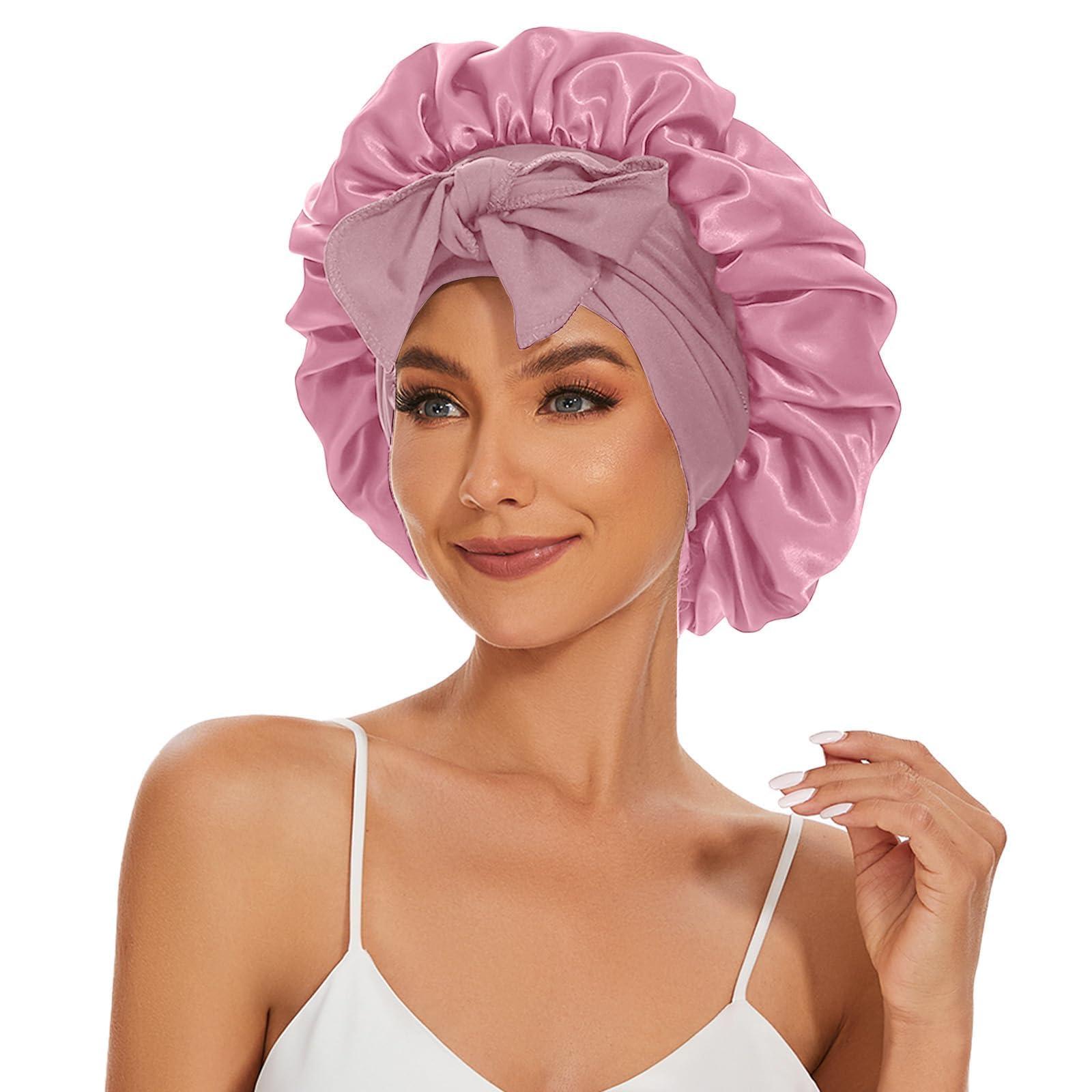 Srevela Satin Silk Bonnet Hair Bonnet for Sleeping Jumbo Sleep Cap, Bonnet for Women Curly Hair, Double Layer Bonnet with Tie Band, Shower Cap