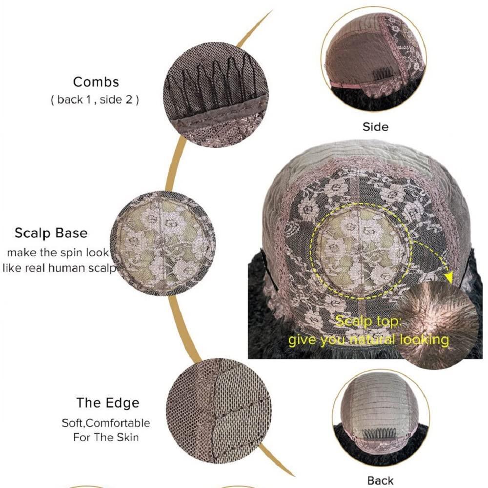 Fabutio Afro Kinky Curly Mongolian Human Hair Wig For Black Women 200% Density Glueless Bob Fake Scalp Wig Natural Black Brazilian Hair Fringe Unit Thick Girls African Hairstyle 24 Inch