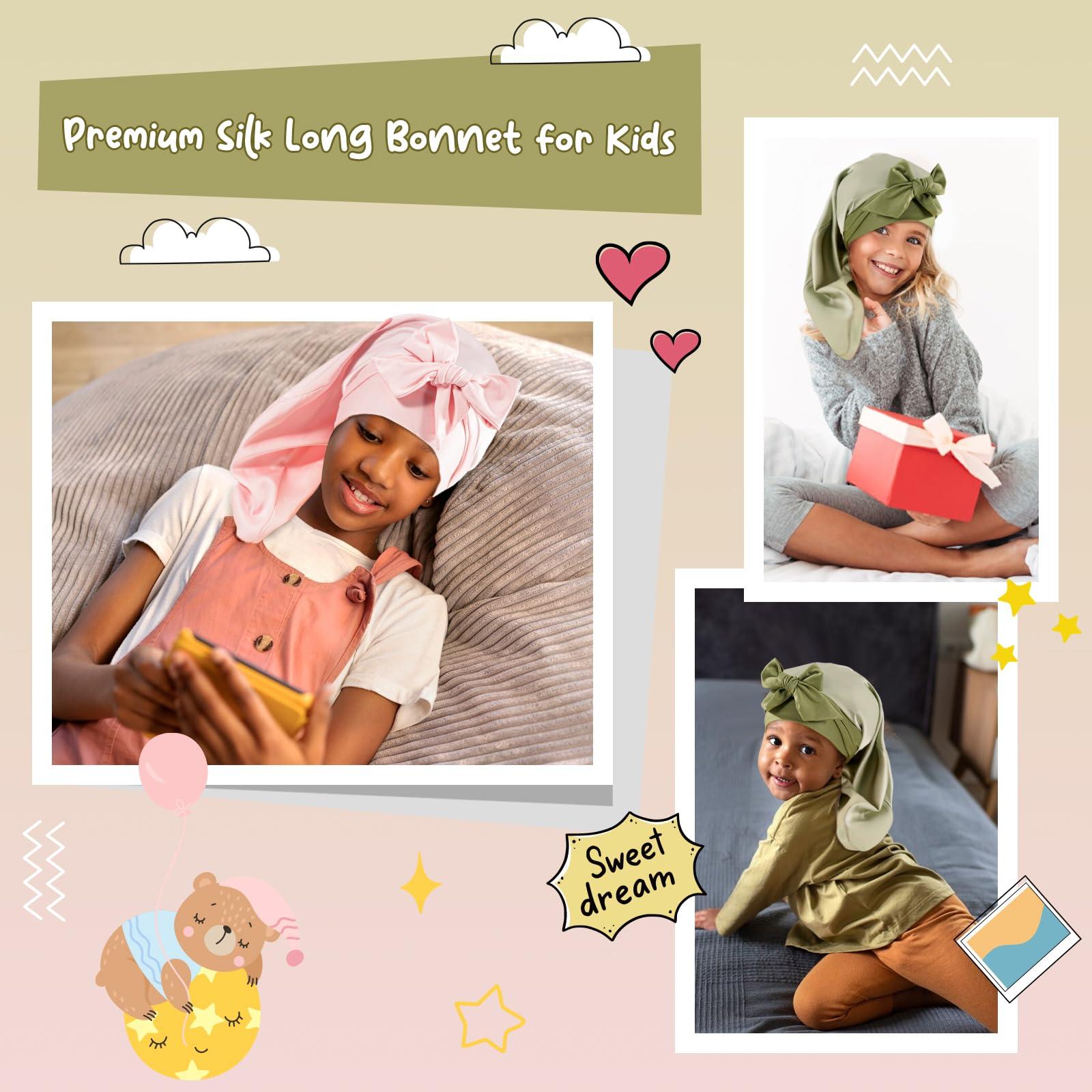 Lolalet Lolalet Kids Bonnets for Girls, Long Silk Bonnet for Sleeping Kids Satin Bonnet Cap with Tie Band for Dreadlocks Braid Afro Curly Hair -2 PCS, Green & Pink