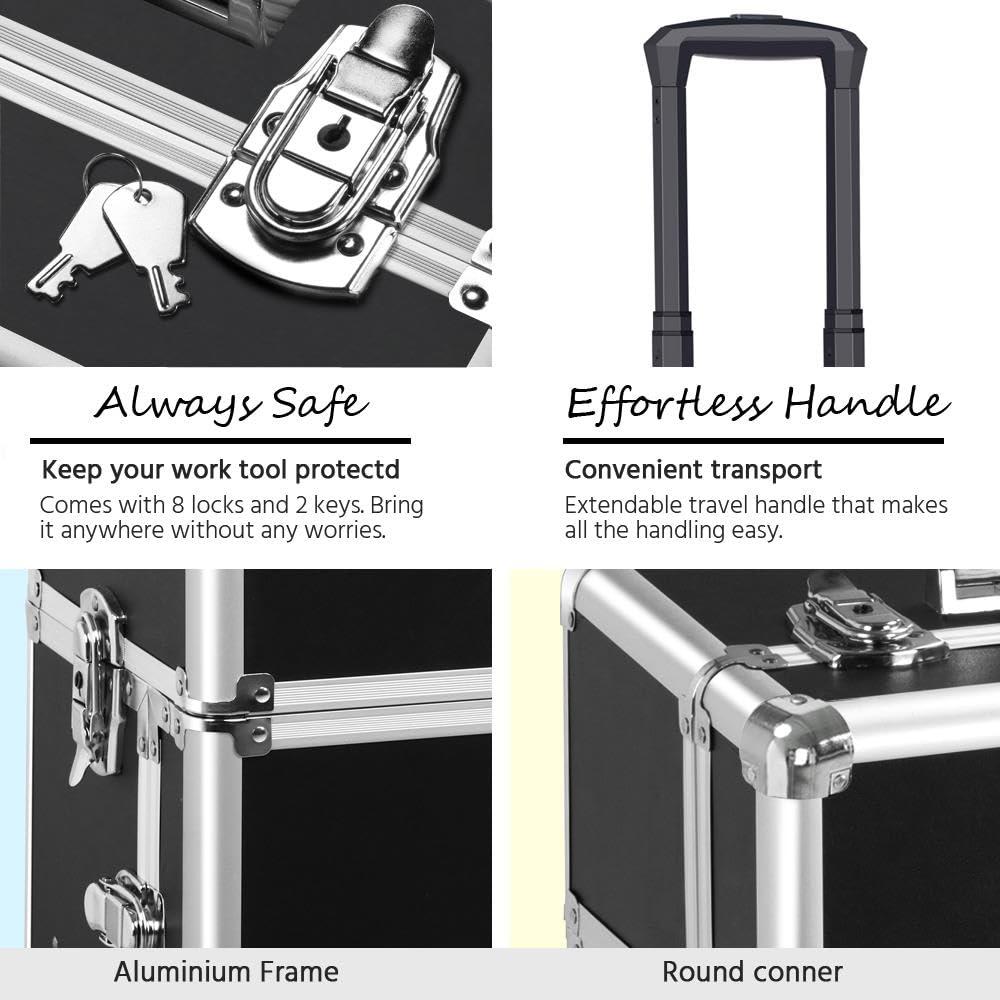 Yaheetech Yaheetech Rolling Makeup Train Case 3 in 1 Cosmetic Makeup Case Large Aluminum Trolley Makeup Travel Case Professional Rolling Cosmetic Beauty Storage, with 360 Swivel Wheels, Black