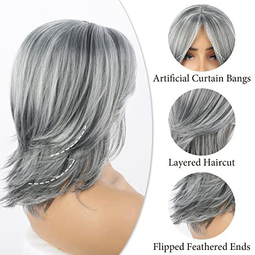 Liyouda Liyouda Short Gray Wigs for White Women Should Length Grey Layered Wigs, 14inch Grey Wig Wavy Curtain Bangs Wig Silver Gray Wigs for Black Women Synthetic Light Gray Wigs for Older Women