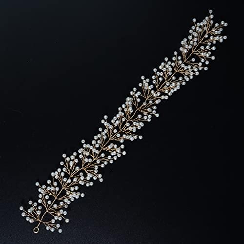 Xerling Xerling Brides Pearl Hair Vine Gold Headband for Girls Crystal Hairband Hair Accessories Wedding Bridal Head Piece for Women (Gold)