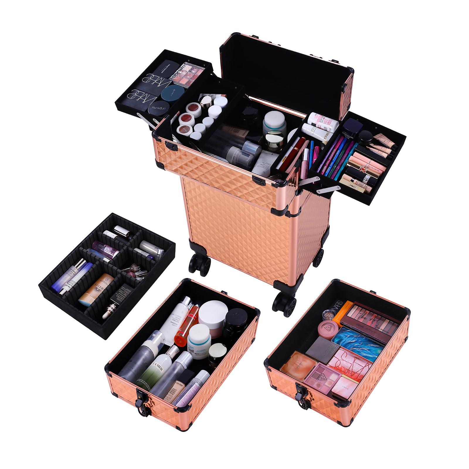 Algasan 4-in-1 Rose Gold Makeup Train Case, Draw-bar Style Interchangeable Aluminum Rolling Makeup Case- (13.78 x 9.84 x 29.53)" (L x W x H)