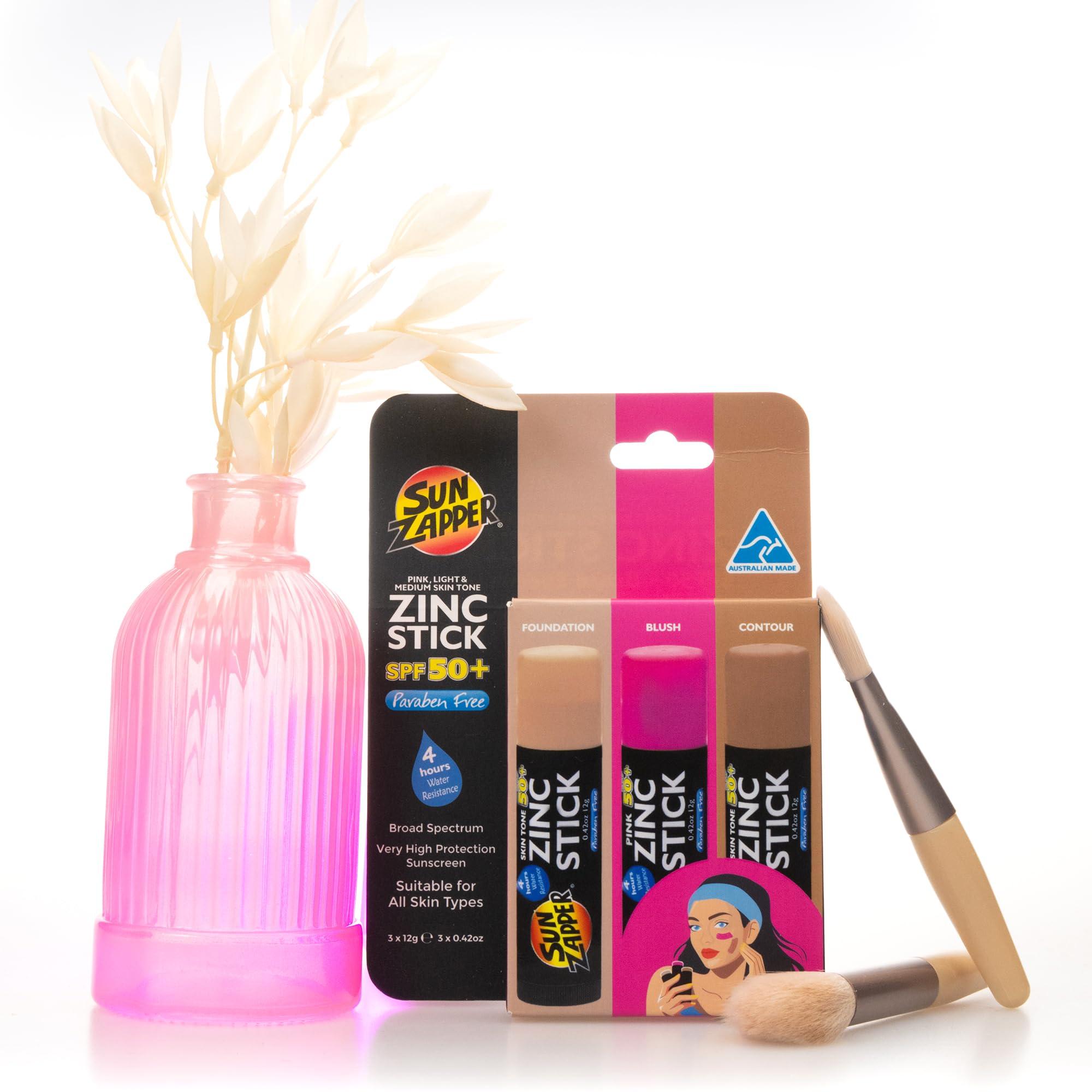 Sun Zapper Sun Zapper Beauty Pack  SPF 50+ Zinc Oxide Sunscreen Sticks  3-Pack (Light Skin Tone, Dark Skin Tone, Pink)  Broad Spectrum, Water Resistant  Made in Australia