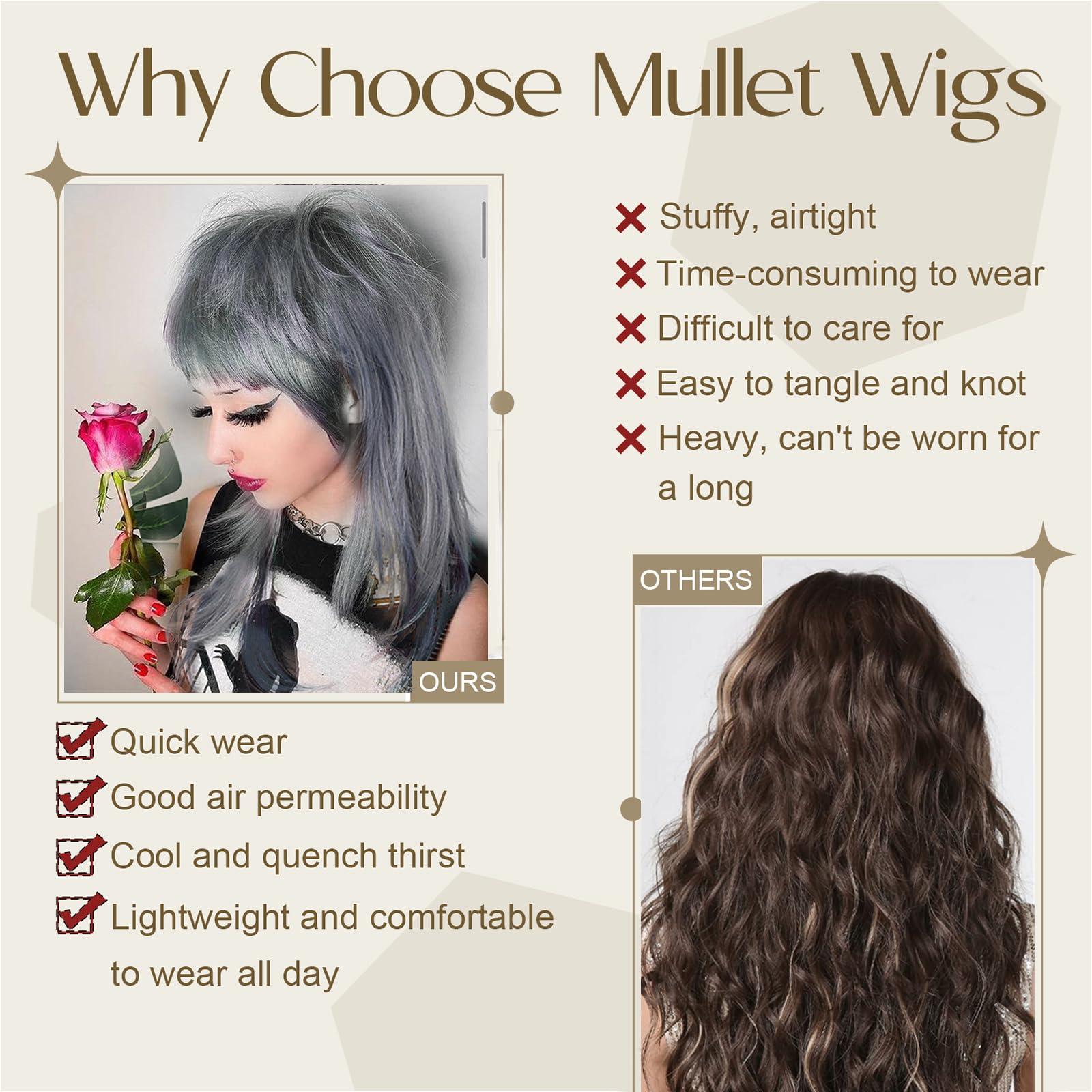 CINHOO CINHOO 14inch Modern Mullet Wig Styles for Women Shaggy Layered Gray Ombre Wig with Light Blue Highlights Straight Wolf Cut Bob Wig with Bangs Synthetic Short Pixie Cut Wig for Women(Gray mix Blue