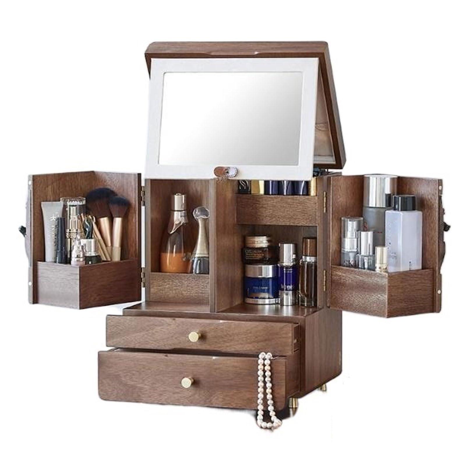 CLoxks makeup organizer Wood Makeup Cosmetic Storage Organizer Box Cabinet with Drawers and Makeup Mirror, Multi-Function Cosmetic Large Capacity Make up Shelf Cosmetics Organizer Box, for Skincare, Lipstick