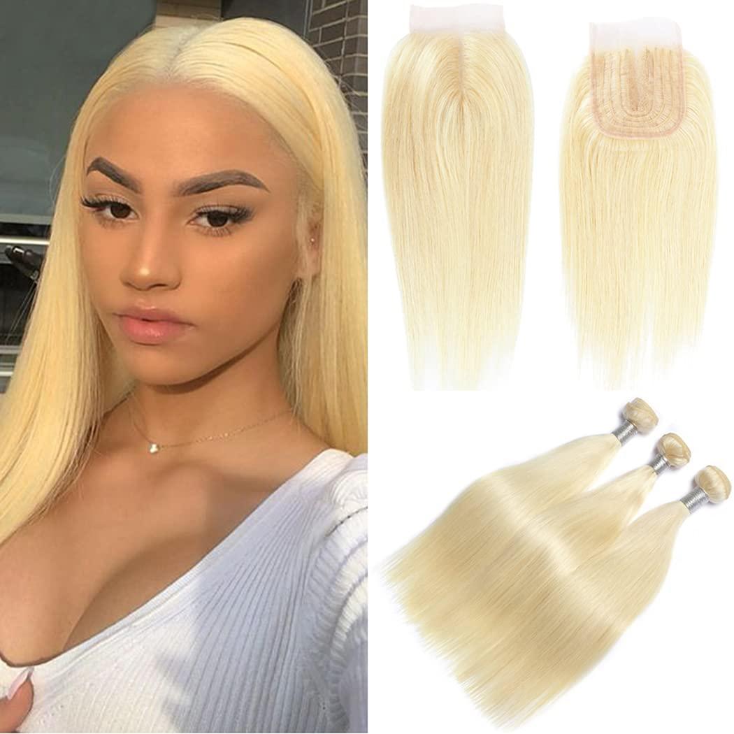EREE HAIR EREE HAIR 613# Blonde Brazilin Straight Virgin Hair 3 Bundles with 4x4 Lace Closure Middle Part T Part Lace Closure Remy Human Hair Wefts Weave(22 24 26 with 20)