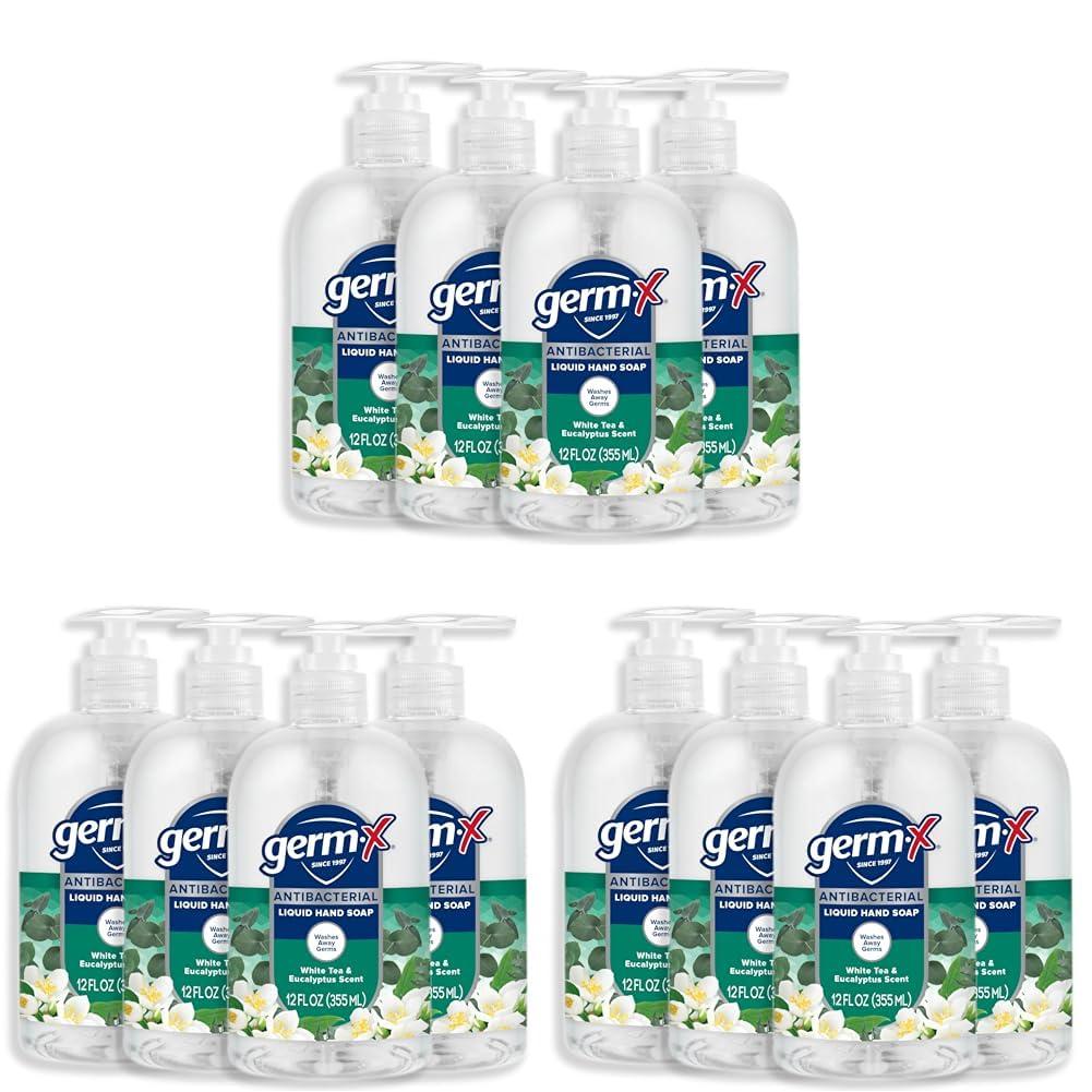 Germ-X Germ-X Antibacterial Hand Soap, Moisturizing Liquid Hand Wash for Kitchen, pH Balanced & Dermatologist Tested, Back to School Supplies, White Tea & Eucalyptus, 12 oz Pump Bottle (Pack of 12)