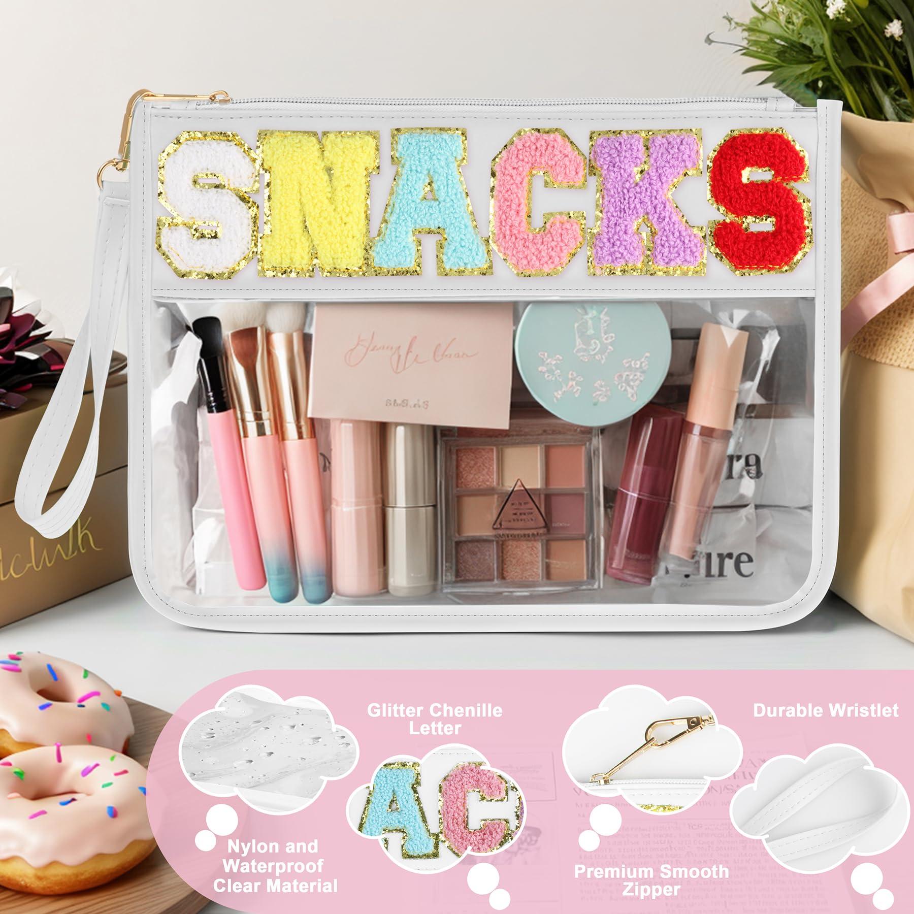 TESAFNG TESAFNG 2 PCS Snack Bags Clear Pouch Travel Makeup Bag Chenille Letter Bags for Zipper Pouch Clear Cosmetic Bag Clear Tote Bag Makeup Travel Bag for Women Girls (White+White)