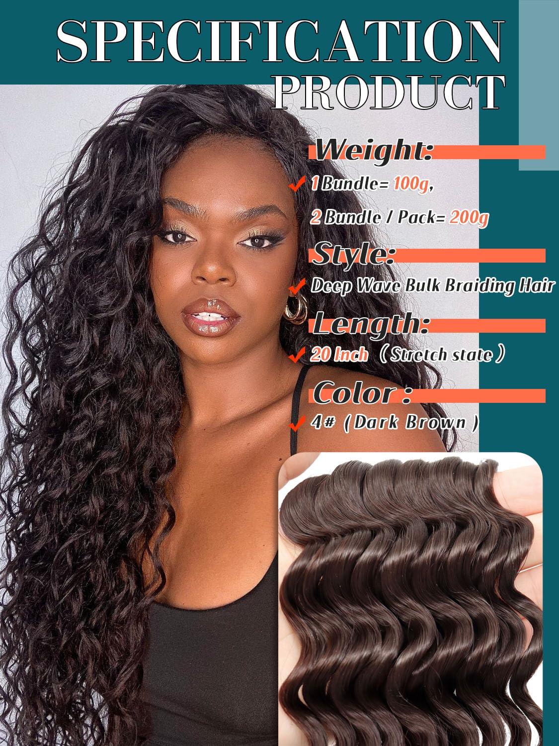 Wassai Deep Wave Bulk Hair for Braiding Dark Brown Curly Hair for Bohemian Knotless Braids 2 Boundle Boho Braids Curs 200g 20 Inch Boho Hair for Micro Braiding No Weft