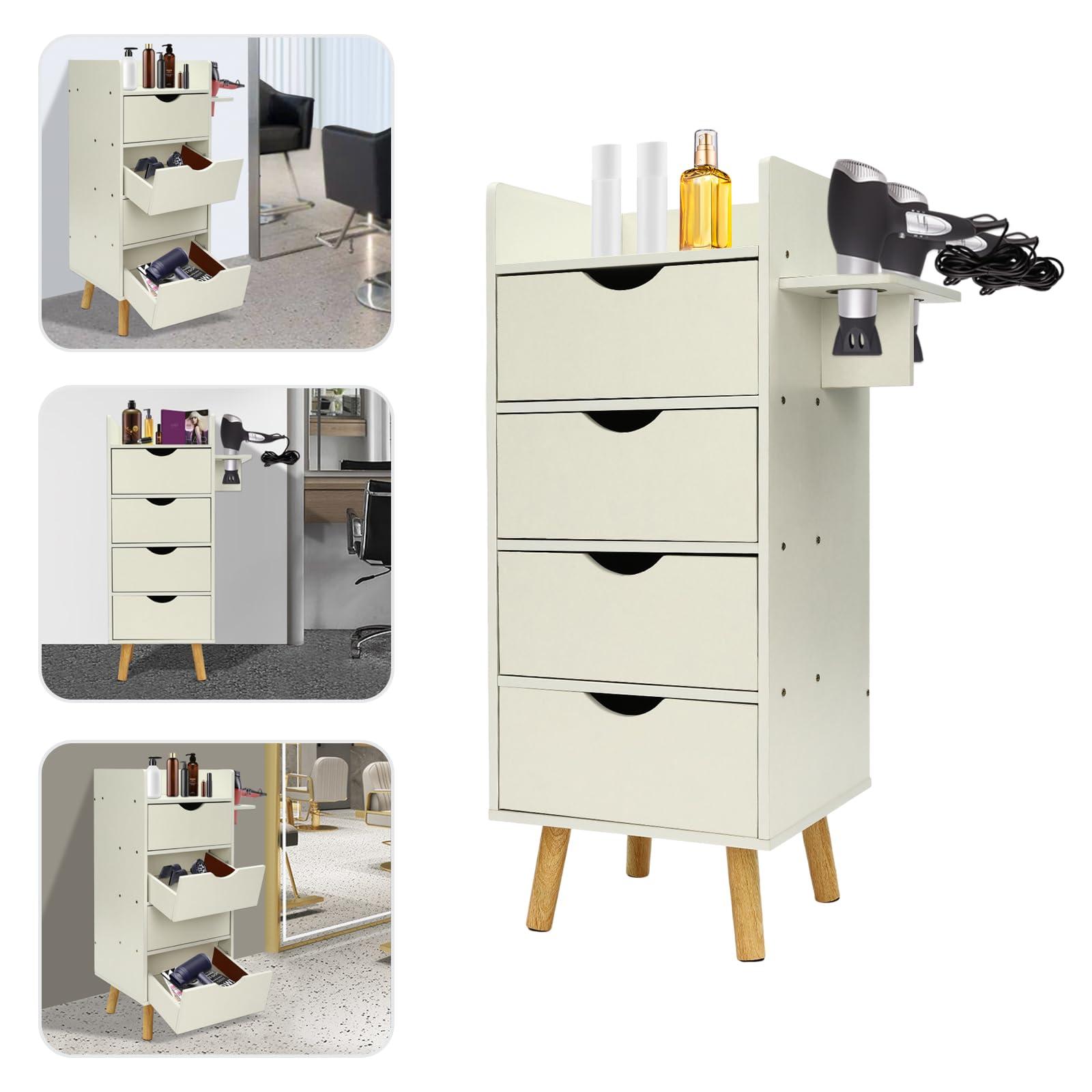 HYYKJ-US HYYKJ-US Salon Storage Cabinet with 4 Drawers and Hair Dryer Holder Hair Salon Cabinet Beauty Barber Salon Styling Station Organizer Equipment for Home Commercial Use White